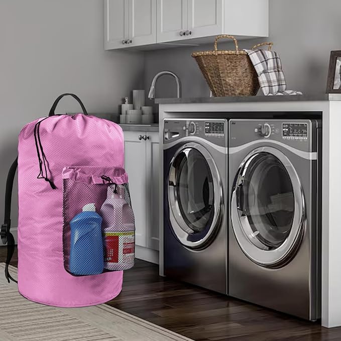 Laundry Bag with Shoulder Straps and Mesh Pocket Laundry Backpack Large Portable Laundry Hamper for College Laundromat Apartment