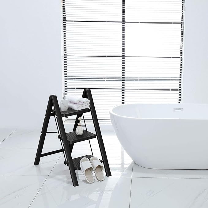 Step Ladder 3 Step Folding, Small Step Stool for Adults, Portable Anti-Slip Iron Stepladder with Wide Pedals for Home and Kitchen Use, Space Saving - Black (300 lbs)