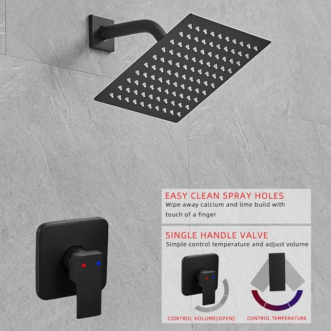 Shower Faucet Set Matte Black, Bathroom Rainfall Shower System with Stainless Steel Shower Head Rain Shower Set, Single Function Shower Trim Kit with Rough-in Valve