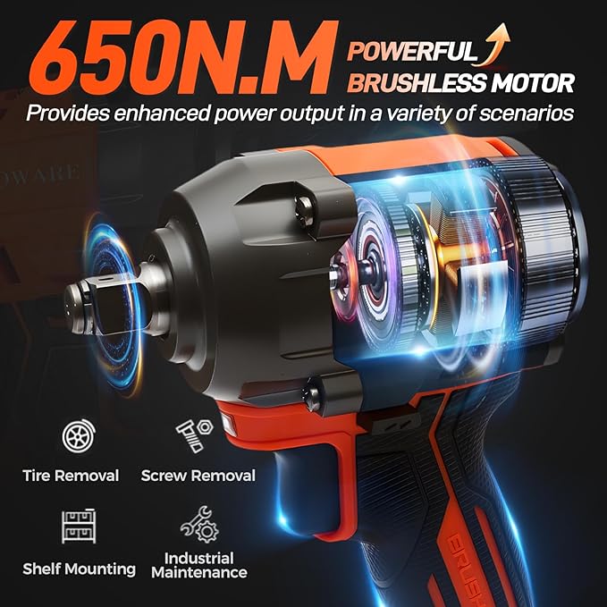 COMOWARE 20V Brushless Impact Wrench, 650N.m (480 ft-lbs) Power Cordless Impact Gun with 4.0Ah Battery & Fast Charger, 1/2" Compact Design, 3-Speed Control (0-3000 RPM), LED Light, 6Pcs Sockets