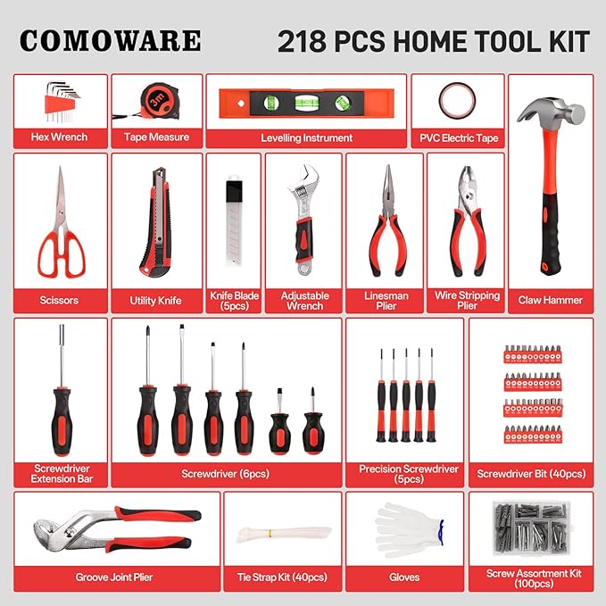COMOWARE 218 Pcs Home Tool Kit - Basic Household Hand Tool Set, Truck Tool Kit Socket Wrench Combination Tool Set for Home with Plastic Toolbox Storage Case, Rv tool set,Red