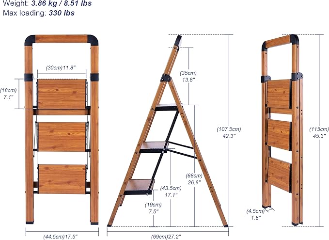 Step Ladder Folding 3-Step Ladders Aluminum Woodgrain Finish Step Stool Anti-Slip Portable Sturdy for Home & Kitchen Office 330 lbs