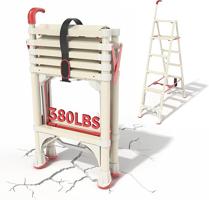 Telescoping 6-Step Ladder, 5.3FT Folding Step Stool with Safety Lock, Wide Non-Slip Pedals & Retractable Handgrip, Heavy Duty 380 lbs for Home & Outdoor