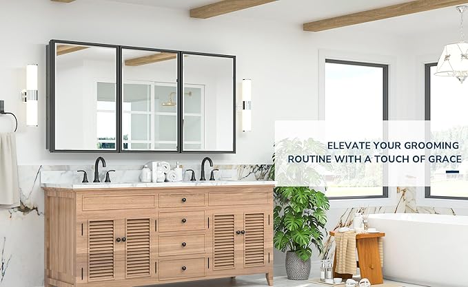 TETOTE 60x30 Inch Black Medicine Cabinet Mirror for Bathroom Aluminum Framed Surface or Recessed Wall-Mounted Medicine Cabinets Beveled Mirror with Storage 3 Door Modern Farmhouse