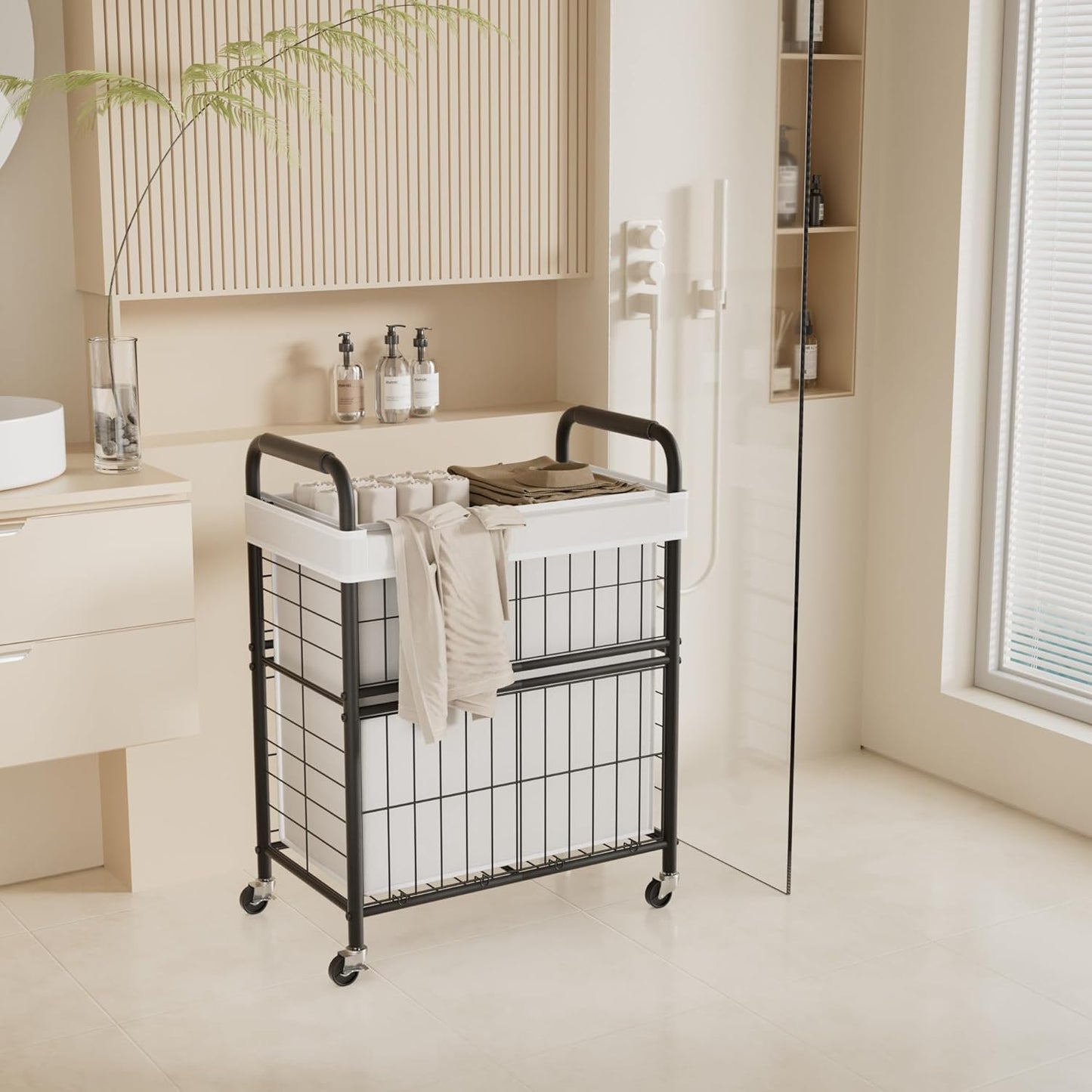 Laundry Hamper 2 Section, 110L Rolling Laundry Sorter Basket with Wheels, 2 Compartment Clothes Organizer Cart, Pull-Out Removable Bags for Laundry Room, Bathroom, Bedroom, White