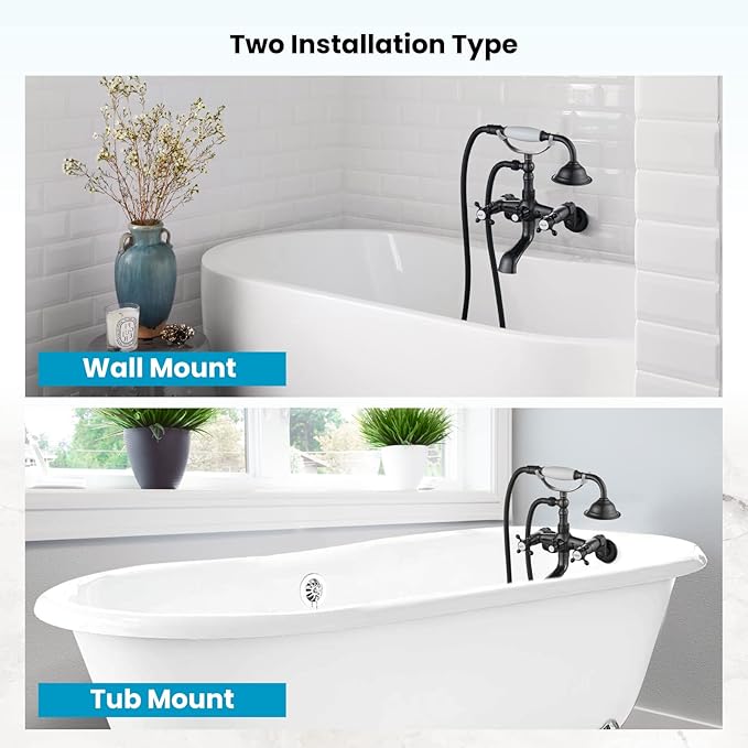gotonovo Clawfoot Bathtub Faucet Tub Filler with Hand Held Shower Faucet Set Victorian Double Cross Handle 6 Inch Center Adjustable Swing Arms Tub Mount Short Adapter Oil Rubbed Bronze