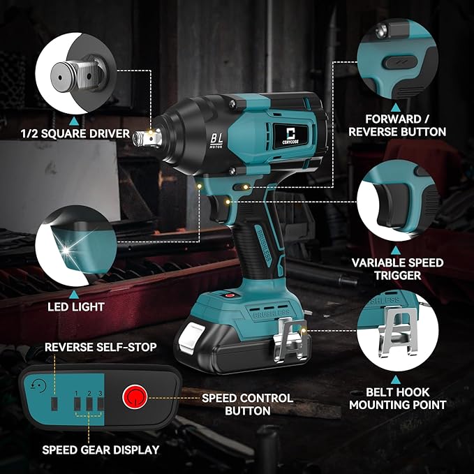 Cordless Impact Wrench 1/2 inch for Makita Battery, 600FT-LBS (810N.m) Brushless Electric Impact Gun Includes LED Work Light, 2100RPM High Torque Impact Driver Wrench, Bare Tool Only