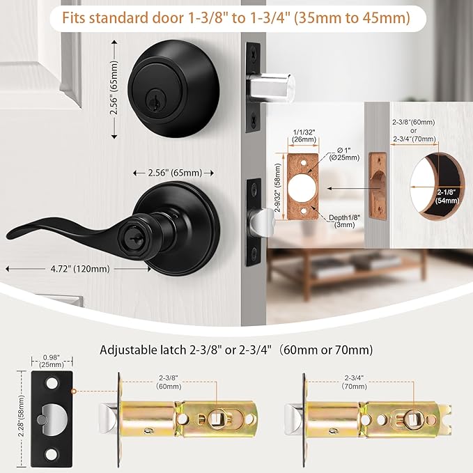 Probrico Front Door Handle and Single Cylinder Deadbolt Set, Black Exterior Door Handle with Deadbolt Lockset,Wave Reversible Door Lever Locks with Deadbolt Set, Keyed Alike 3Pack