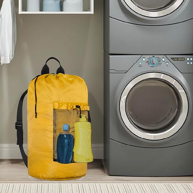 Large Laundry Backpack with Mesh Pocket & Adjustable Shoulder Straps, Yellow