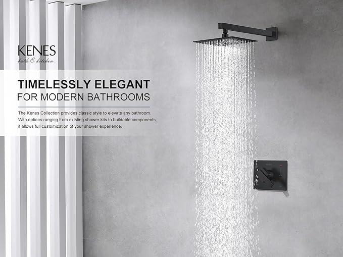 KENES Matte Black Shower Faucet with Square Shower Trim Kit & Single-Spray Head, Wall Mount, KE-6024B-2 (Includes Shower Valve)