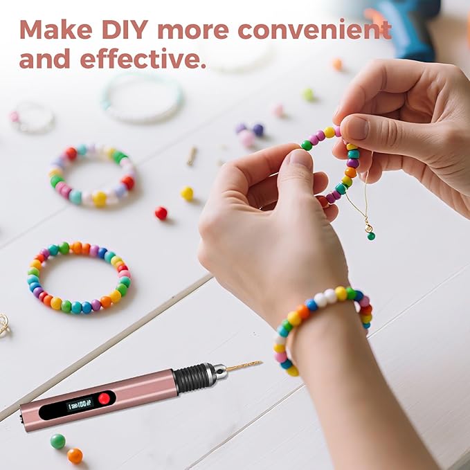 3-Speed Cordless Mini Drill Pen, Rechargeable DIY Electric Hand Drill with 10 Small Drill Bits for Jewelry Making Stone Plastic Resin Keychains-Beginner Friendly (Red Brown)