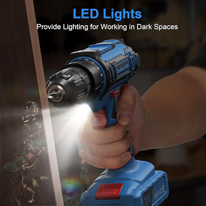 Cordless Drill Set, 20V Power Drill with Power Pack 2.0Ah and Charger, 3/8-Inch Keyless Chuck Electricdrill, 25+1 Torque, 42pcs Drilldriver Bits/Screws for DIY Projects (Blue)