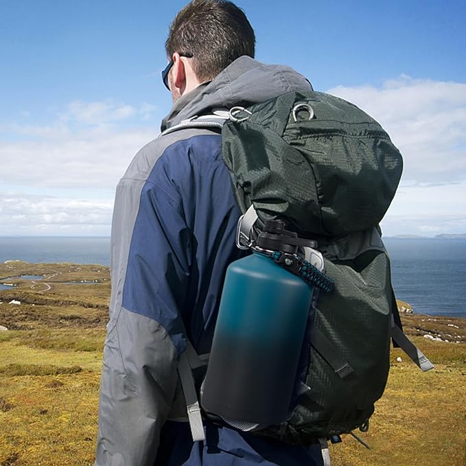 Gallon Water Bottle with Straw&Spout Lid, 128oz Stainless Steel Water Jug with Handle and Wide Mouth, One Gallon Vacuum Double Walled Jug for Sports, Outdoors, Leak-Proof. Blue&Black 128oz