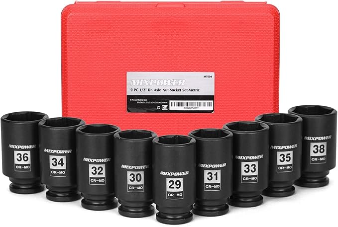 MIXPOWER 1/2- Inch Drive Deep Impact Socket Set, 6 Point, CR-MO, Metric, 29mm-38mm, 9-Piece 1/2" Dr. Deep Spindle Axle Nut Impact Socket Set