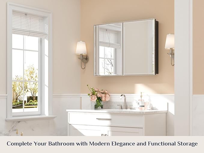 Keonjinn 40" x 30" Medicine Cabinets with Mirror for Bathroom, Brushed Nickel Recessed or Surface Wall-Mounted Aluminum Alloy Framed Beveled Mirror, Farmhouse Bathroom Mirror with Storage Cabinet