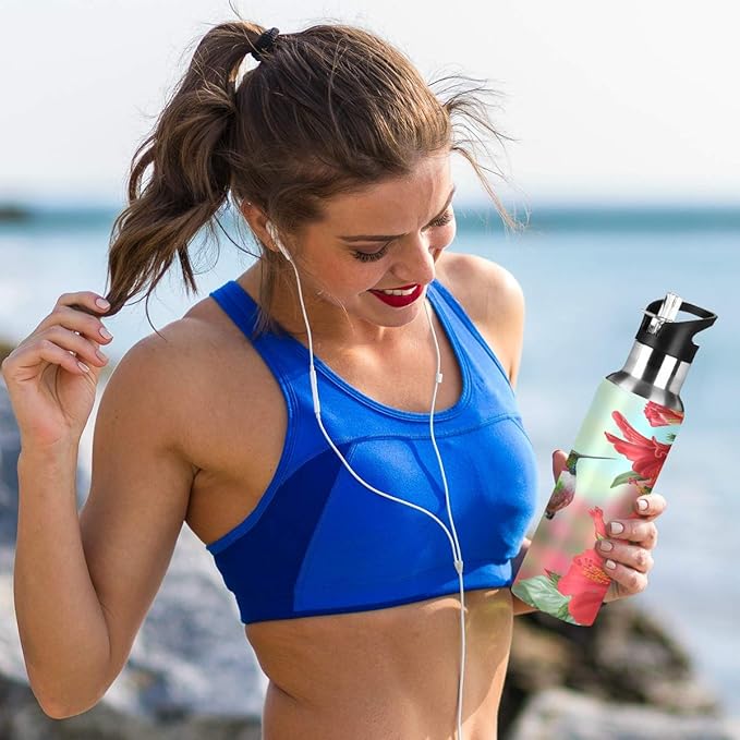Red Hibiscus Flower Hummingbird Sports Water Bottle, 22 Oz BPA Free Non-Toxic Stainless Steel Water Bottle with Straw for Gym Yoga Fitness Camping