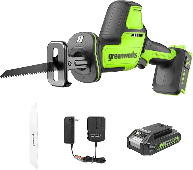 Greenworks 24V Brushless 1" Compact One-Handed Reciprocating Saw (3,000 SPM), Cordless Powered Variable Speed Recip Saw, 2.0Ah Battery and Compact Charger Included, RSG404