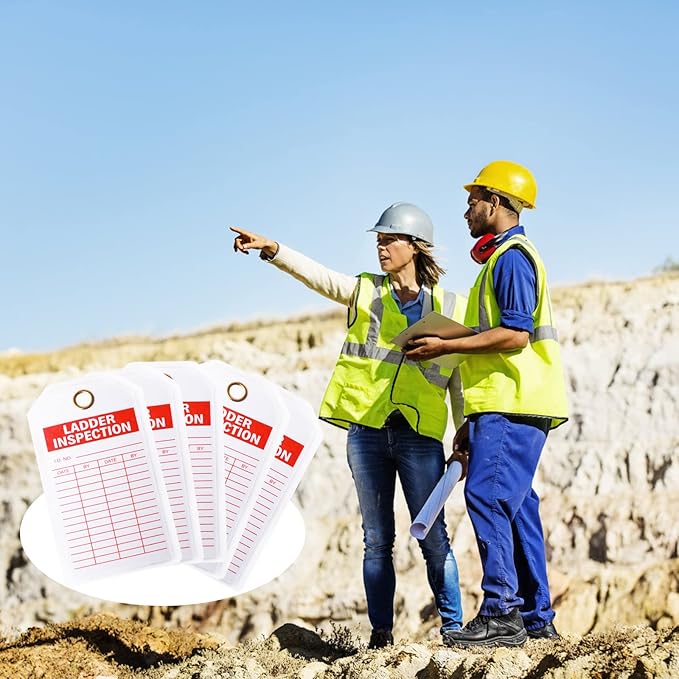 Lionshop Ladder Safety Inspection Tags, Inspection Record Kit, Accident Prevention Tag, Double-Sided Inspection Tag, 5.75" x 3", 0.375" in Brass Eyelet Size, Red Ink on White, Polyester (Pack of 50)