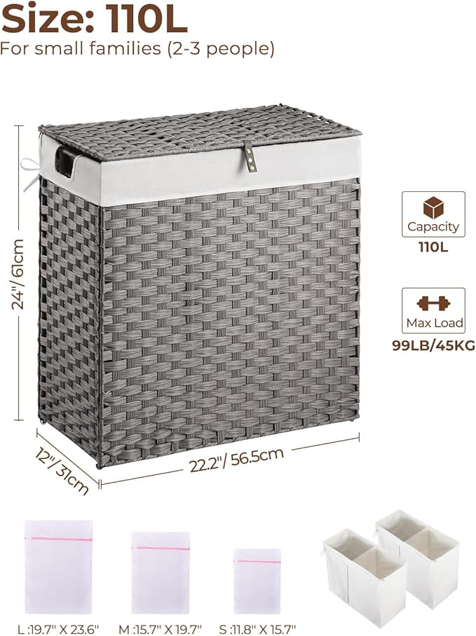 Greenstell Laundry Hamper with lid, No Install Needed, 110L Wicker Laundry Baskets Foldable 2 Removable Liner Bags, 2 Section Clothes Hamper Handwoven Rattan Laundry Basket with Handles, Gray