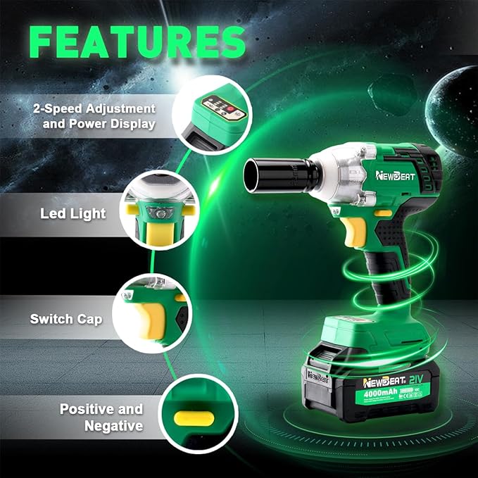 NEWBEAT Cordless Impact Wrench, 21V Brushless 1/2 inch Impact Wrench, Electric Impact Gun, Power Impact Driver with 4.0Ah Battery and Charger, Variable Speeds for Car, Home DIY, Tire Removal Tool