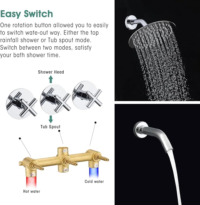 PROOX 3 Handle Tub Shower Faucet Set, 8" Rainfall Shower Head with Tub and Shower Trim Kit with Rough-in Valve, Polished Chrome Bathtub Shower Faucets, Wall Mounted Bathroom Rain Shower System