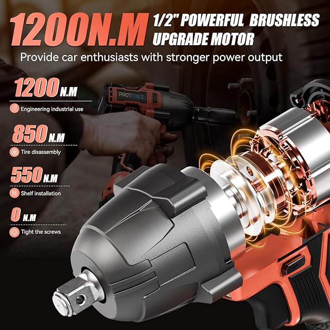 900Ft-lbs (1200N.m) Impact Wrench, 1/2" Cordless Impact Driver, 21V High Torque Power Impact Gun - 2x4.0Ah Batteries, Variable Speeds Brushless Impact Motor for Pickup Truck/Family Car (Orange Red)