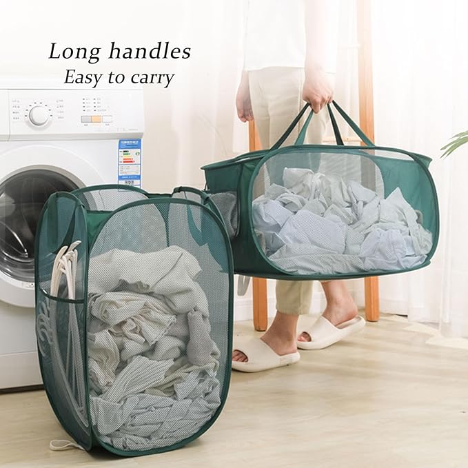 Upgraded Extra Large Mesh Pop Up Laundry Hamper 2 Pack, 100L Foldable Laundry Baskets, Dirty Clothes Hamper with Handles, Collapsible Hampers for Laundry Travel, Dorm or Home. Green