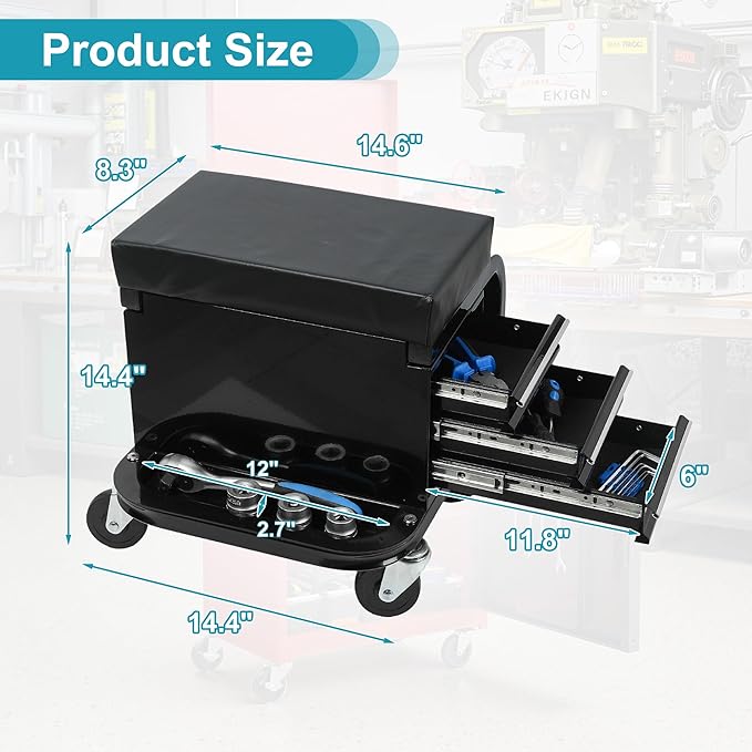 Rolling Stool 3 Drawers Mechanic Creeper Steel Frame Shop Stools with Wheels, Ball-Bearing Slides, Back Storage Tank, Tool Box for Garage Workshop, Black