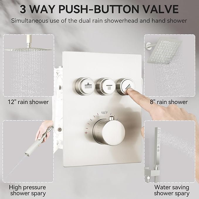 Thermostatic Shower Systems Brushed Nickel Shower Faucets Sets, STARBATH 12+ 8" Ceiling Mount Rain Shower and 2 in 1 Handhled, Can Use All at Once, Push Button 3 Modes Valve Complete Shower Set