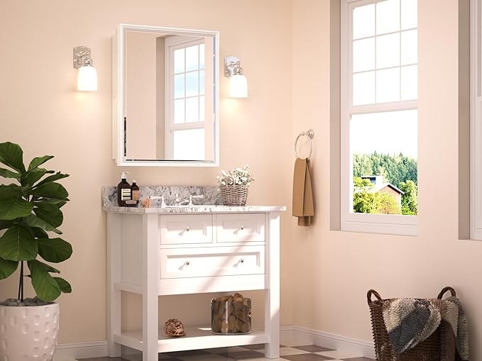 TETOTE Medicine Cabinet Mirror White Framed 21 x 27 Inch Aluminum Framed Surface or Recessed Wall-Mounted Bathroom Medicine Cabinets Beveled Mirror with Storage 1 Door Modern Farmhouse