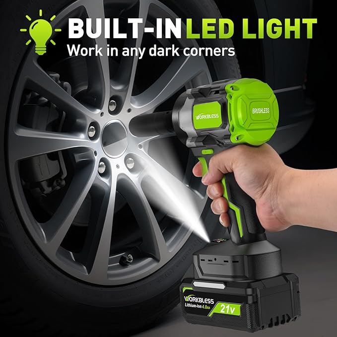 1/2 Impact Gun, 850Nm (630Ft-lbs) High Torque Brushless, Cordless Impact Wrench with 20V 4Ah Battery, 3-Speed, 4 Cr-V Sockets, LED Light, Variable Speeds, Electric Wrench for Car Tire, Mower Lug Nut