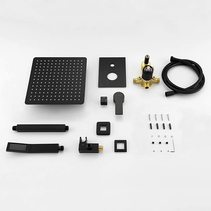Ceiling Mounted Rain Shower System, SHAMANDA Luxury Brass Shower Faucet Set with 12 Inch Shower Head and Hand Shower(Including Rough-In Valve Body and Trim), Matte Black, LCM701-7