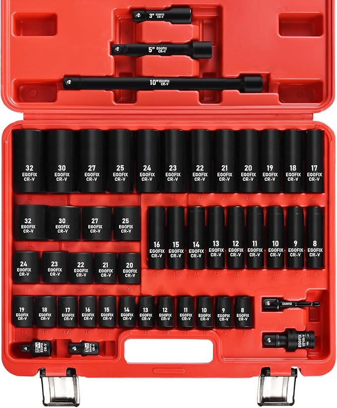 1/2" Drive Impact Socket Set 49 Piece, Standard and Deep Metric Socket (9-25mm, 27, 30, 32mm), Includes Extension Bars, Universal Joint and Adapter, 6 Point Design,Cr-V steel