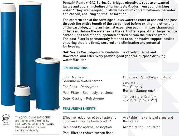 Pentair Pentek GAC-BB Big Blue Carbon Water Filter, 10-Inch, Whole House Heavy Duty Granular Activated Carbon (GAC) Replacement Cartridge, 10" x 4.5", Pack of 8