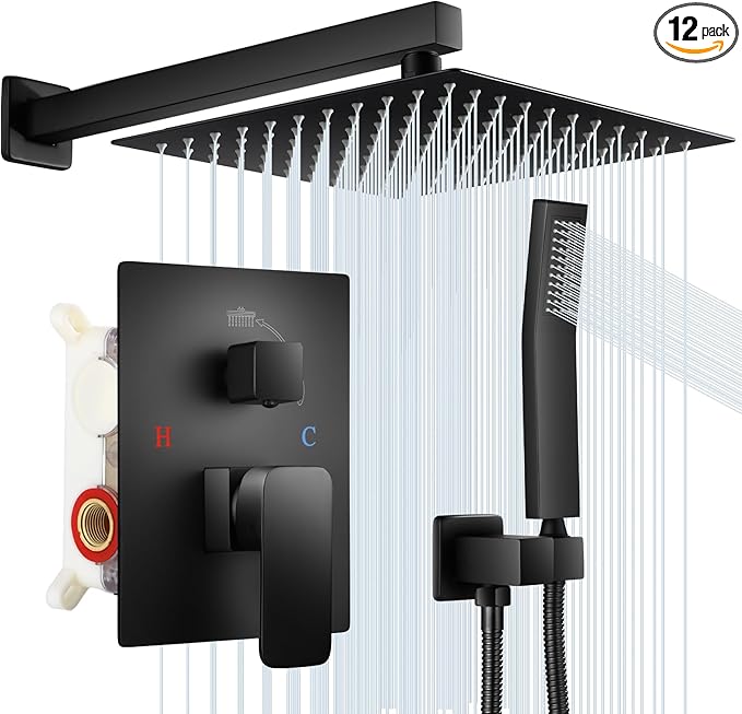 Rainfall Bathroom Shower System, 10-Inch Rain Shower Head and Handle Set, Wall Mounted Dual Shower Combo, All Metal Decorative Shower Luxury Kit Matte Black (with Shower Valve)