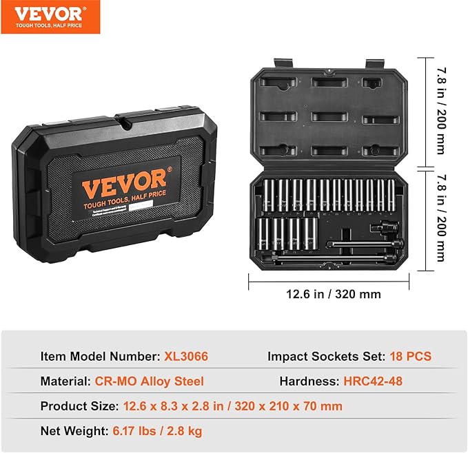 VEVOR Drive Impact Socket Set 3/8" - 18 Piece Deep Socket Set Metric 8-22mm - 6 Point CR-V Alloy Steel for Auto Repair - Easy-to-Read Size Markings - Rugged Construction Includes Storage Case