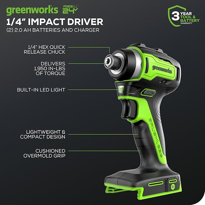 Greenworks 24V Brushless 1/4" Cordless Impact Driver, (2) 2.0Ah Batteries, Compact Charger, and Bag Included