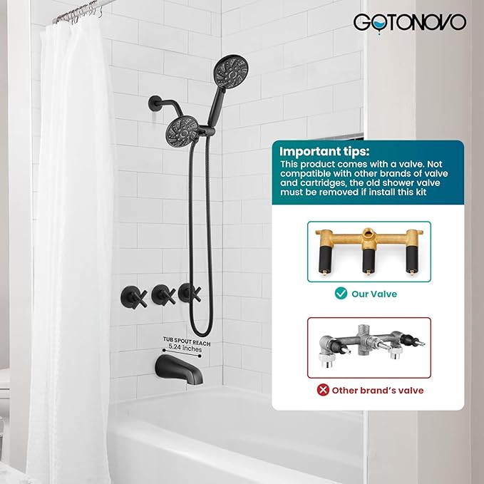 gotonovo 3 Handle Tub Shower Faucet Set, Dual Shower Head and Handle Set, Bathtub and Shower Faucet Combo,Shower System with Tub Spout,Wall Mount Tub Shower Trim Kit Matte Black