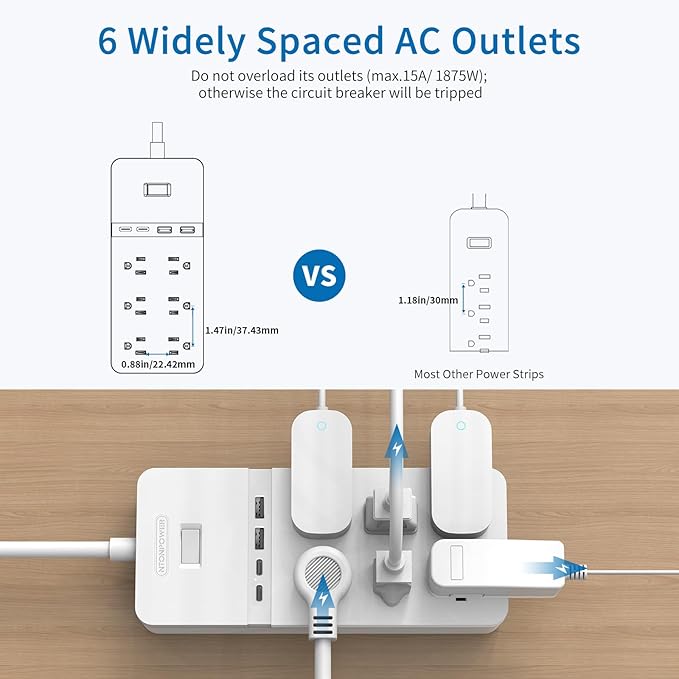NTONPOWER 2 Prong Power Strip with 10ft Extension Cord, 2100J Surge Protector 1875W with 6 Outlets 4 USB Ports (2 USB C), 3 Prong Outlet Adapter, Wall Mount for Non-Grounded Plug, Ideal for Old House