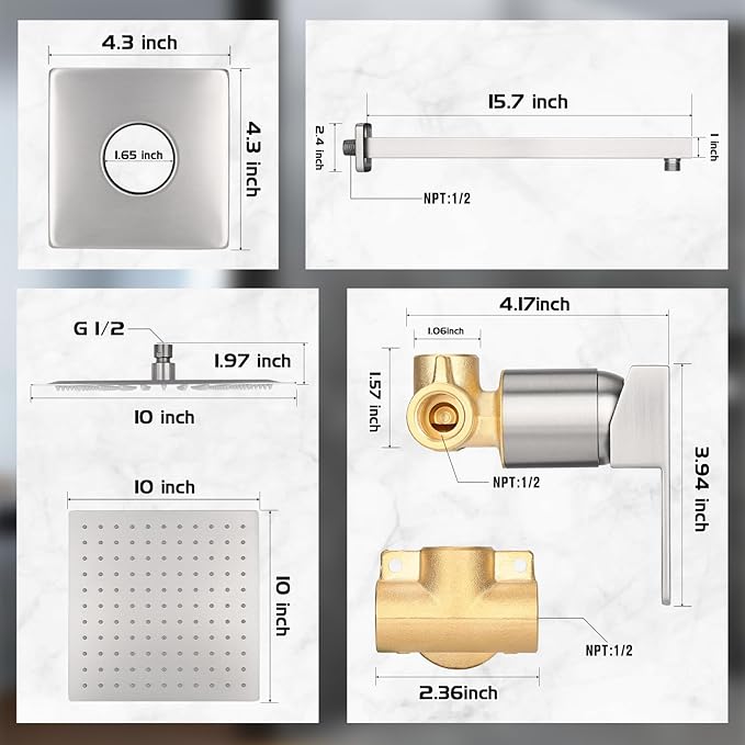 10 Inch Rainfall Shower Faucet Single Function Shower Trim Kit with Rough-in Valve Shower Set Square Stainless Steel Metal Touch-Clean Shower Head Brushed Nickel
