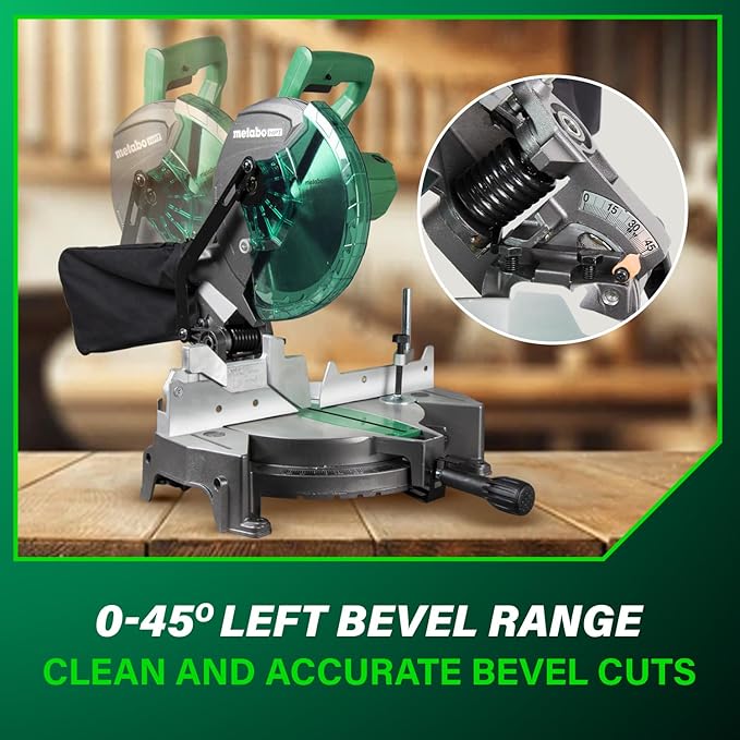 Metabo HPT 10-Inch Compound Miter Saw, 15-Amp Power Saw with Large 10-Inch Table, Precision Miter Angles, Single Bevel 0-45°, 24T TCT Blade, Positive Stops, Lightweight Design, C10FCGS