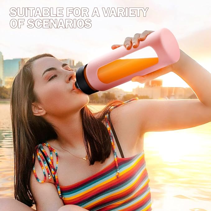 Glass Water Bottles with Straw -24oz- Water Bottle Phone Holder for Gym Sports Water Bottles with Silicone Sleeve Glass Drinking Bottles 2 Lids - Spout & Bamboo Straw Lid(Pink)