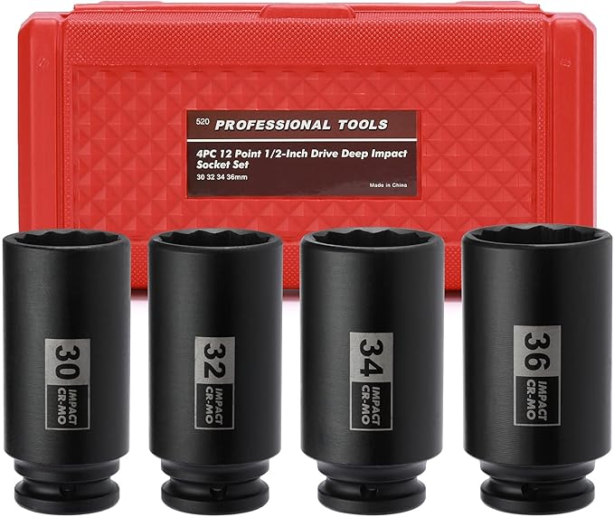 Mayouko 4PCS 1/2" Drive Deep Axle Nut Impact Socket Set, CR-MO, 12 Point Design, Metric, 30,32,34,36mm, 1/2 Inch Extra Deep Impact Socket