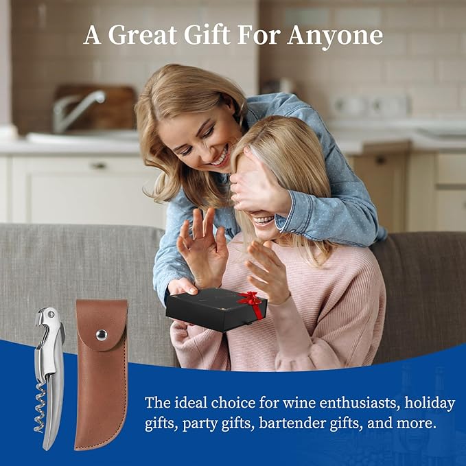 Bottle Opener, Wine gift for Wine Lover, Waiter’s Corkscrew Wine Opener with Genuine Leather Case, Foil Cutter, Beer Bottle Opener, Eco-Friendly Manual Wine Key (Stainless Steel)