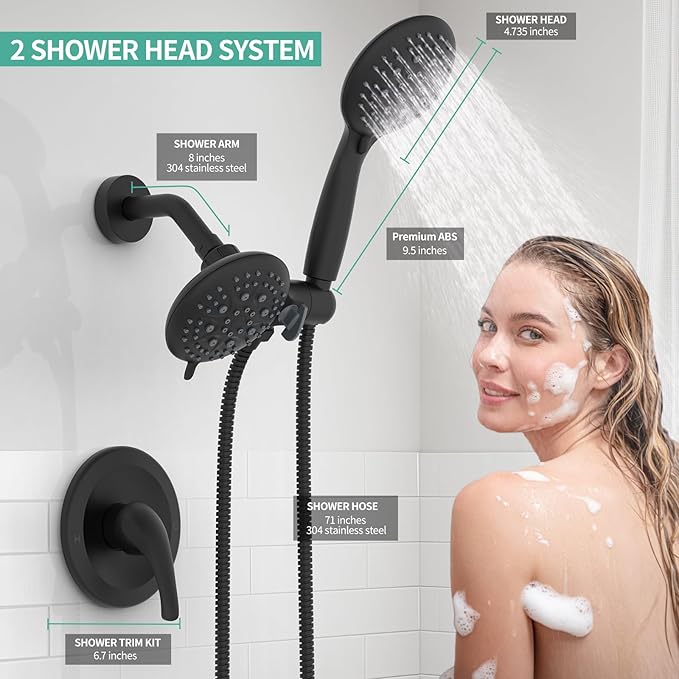 SR SUN RISE 6-Spray Shower Faucet 3-Way Combo Shower Head and Hand Held Shower Separately or Together, Shower Trim Kit Matte Black(Valve Include)