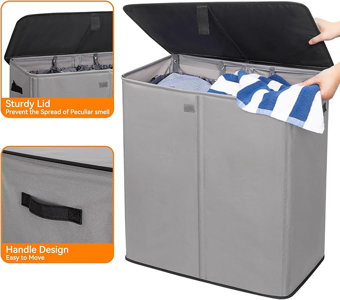 WOWLIVE Laundry Hamper with Lid,160L Large Laundry Basket 3 Section with Removable Washing Bags,Collapsible Waterproof Dirty Clothes Hamper for Laundry Room Bathroom Dorm,Grey