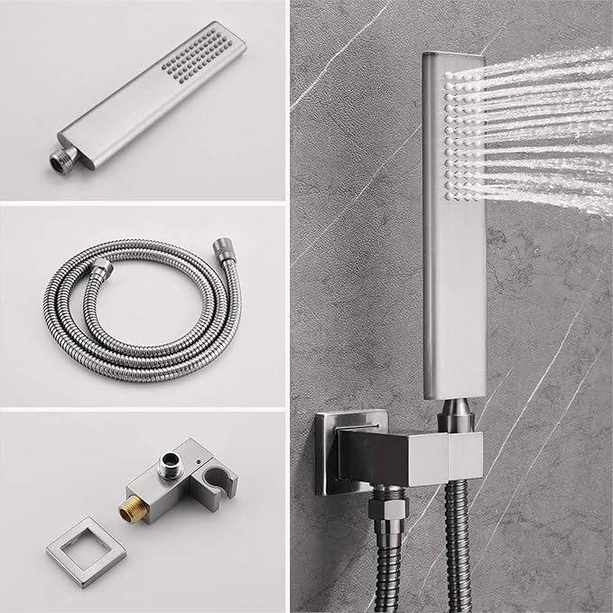 Iriber Thermostatic Shower System Wall Mount with 12 Inch Rainfall Shower Head and Handheld Bathroom Shower Set Contain Shower Faucet Mixer Valve Trim Kit (Valve Included),Brushed Nickel