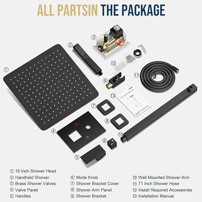 Black Shower Faucet Set, Rainfall Shower System with Square Shower Head and Handle Set, Wall Mounted Shower Fixtures, Full Metal Trim Repair Kit 16 inch Matte Black (With Shower Valve)