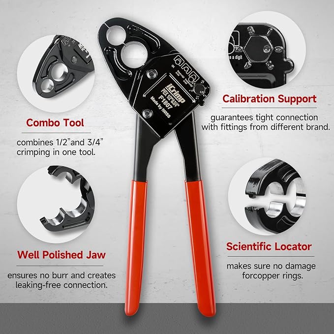 iCrimp Angle Head F1807 PEX Pipe Crimping Tool for Copper Rings - IWS-1234W(1/2&3/4-inchCombo Crimper Kit), Suitable for Tight Spaces