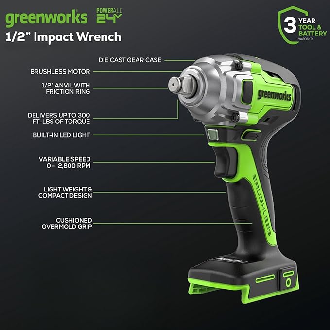 Greenworks 24V Brushless 1/2" Cordless Impact Wrench (3 Speed / 300 ft.-lbs. / LED Light), 2.0Ah Battery and Charger Included